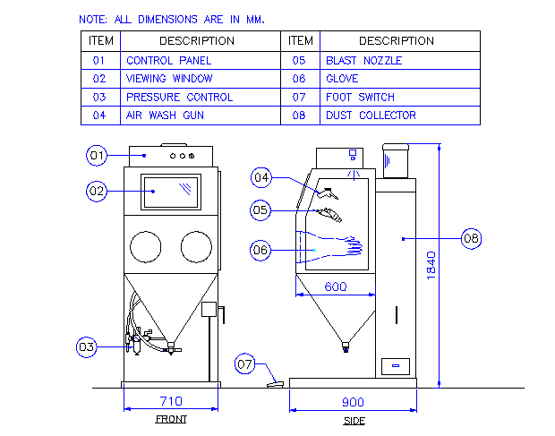 CP 2 compact dry suction blast cabinet drawing
