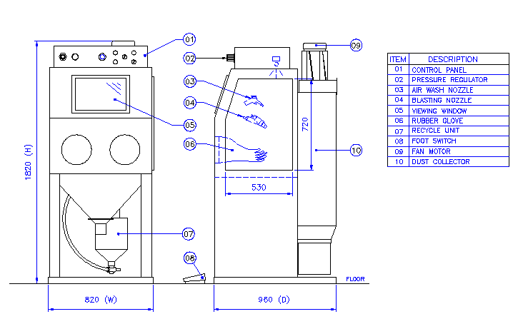 CP 3-1 dry suction blast cabinet drawing