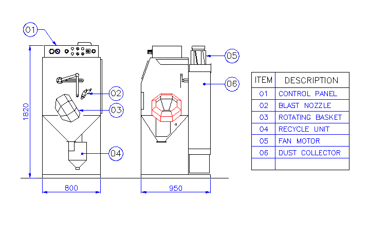 CP3-RB rotating basket blast machine drawing