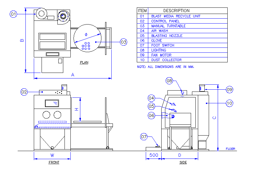Trolley turntable sand blaster technical drawing